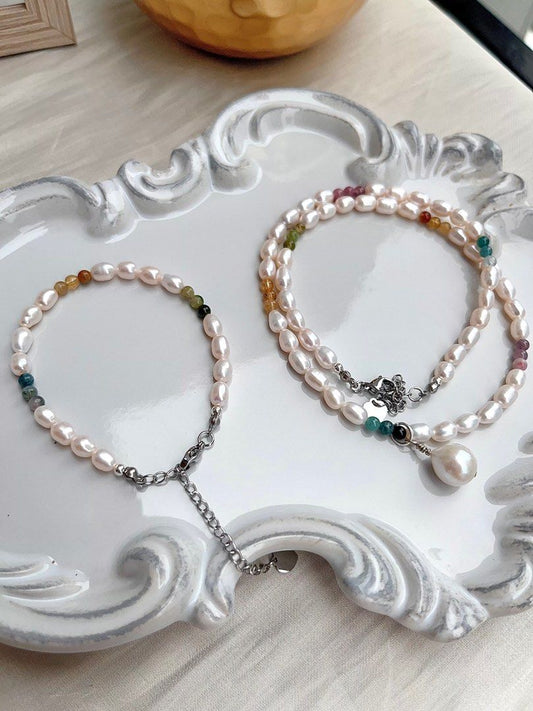 #PN670 Freshwater Pearl Necklace & Bracelet Set | Gradient Tourmaline | Rainbow Colour | Pendant | Rice Pearl