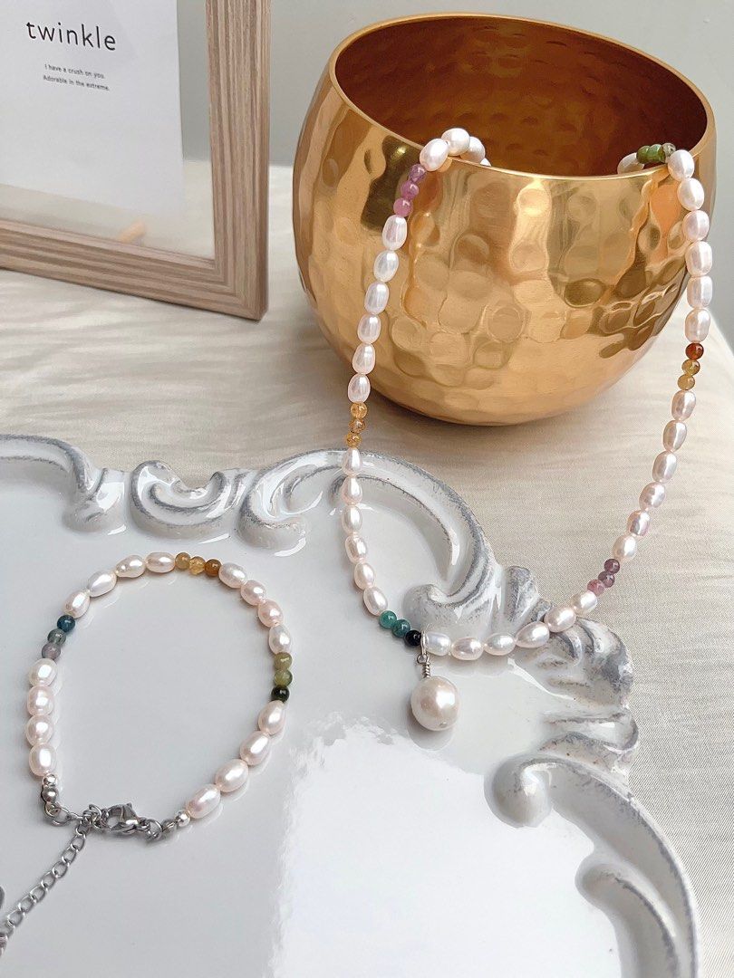 #PN670 Freshwater Pearl Necklace & Bracelet Set | Gradient Tourmaline | Rainbow Colour | Pendant | Rice Pearl