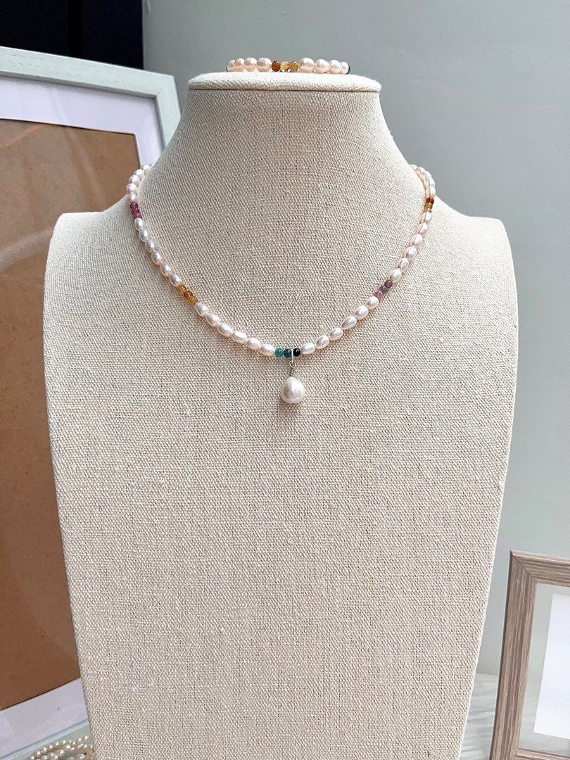 #PN670 Freshwater Pearl Necklace & Bracelet Set | Gradient Tourmaline | Rainbow Colour | Pendant | Rice Pearl