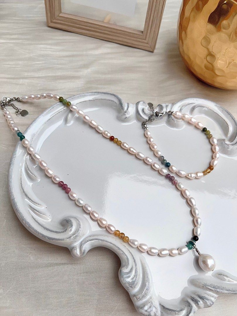 #PN670 Freshwater Pearl Necklace & Bracelet Set | Gradient Tourmaline | Rainbow Colour | Pendant | Rice Pearl