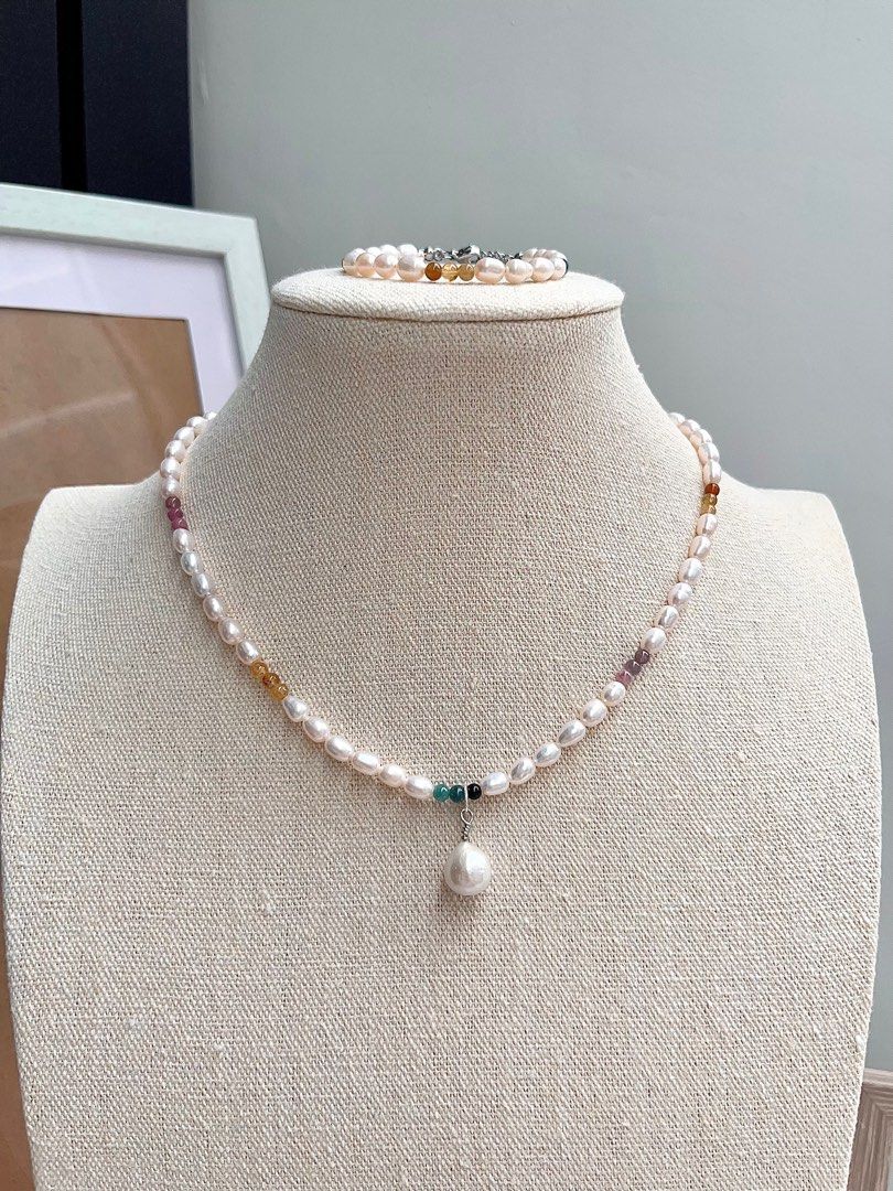 #PN670 Freshwater Pearl Necklace & Bracelet Set | Gradient Tourmaline | Rainbow Colour | Pendant | Rice Pearl