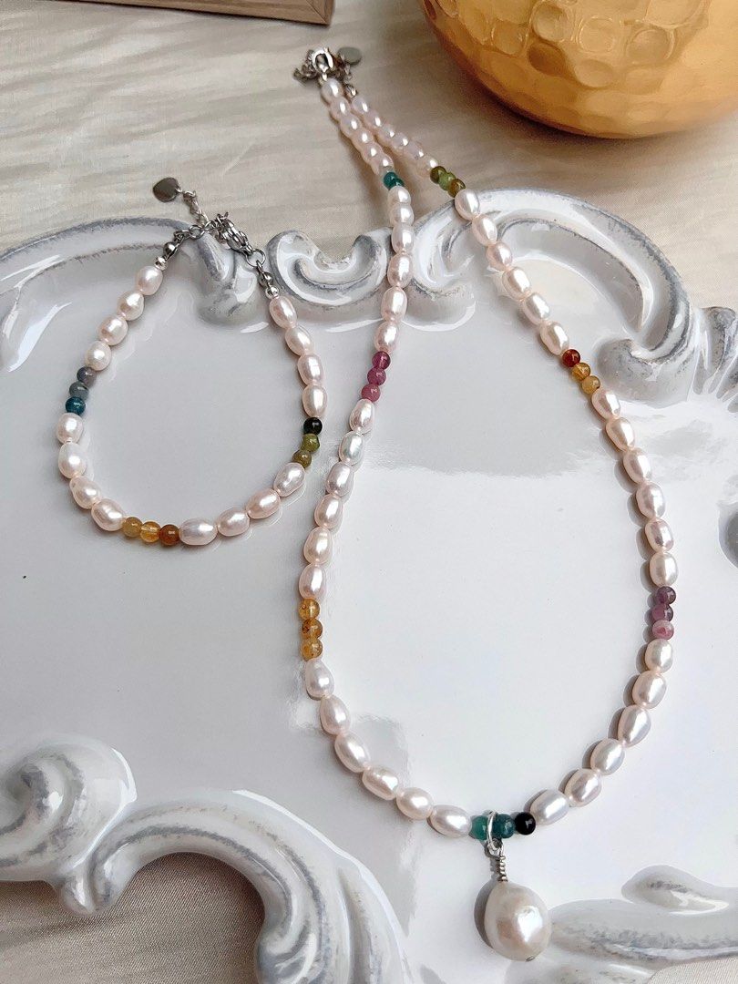 #PN670 Freshwater Pearl Necklace & Bracelet Set | Gradient Tourmaline | Rainbow Colour | Pendant | Rice Pearl