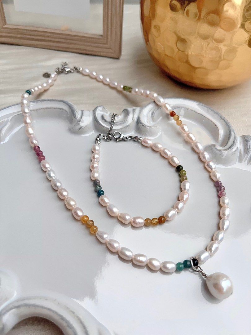 #PN670 Freshwater Pearl Necklace & Bracelet Set | Gradient Tourmaline | Rainbow Colour | Pendant | Rice Pearl