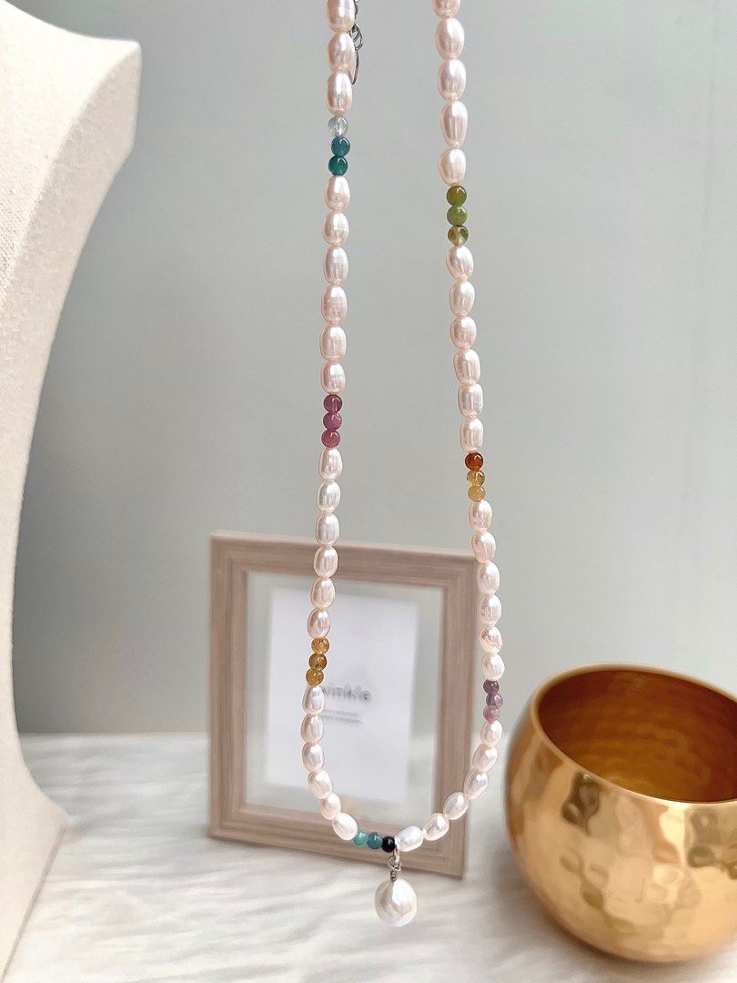 #PN670 Freshwater Pearl Necklace & Bracelet Set | Gradient Tourmaline | Rainbow Colour | Pendant | Rice Pearl
