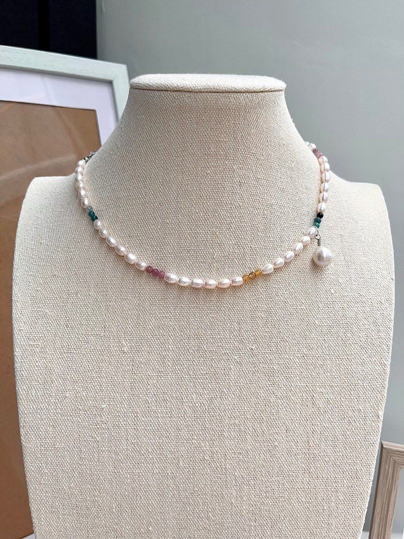 #PN670 Freshwater Pearl Necklace & Bracelet Set | Gradient Tourmaline | Rainbow Colour | Pendant | Rice Pearl