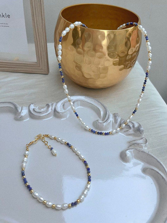 #PN671 Freshwater Pearl Necklace & Bracelet Set | Lapis Lazuli Baby Faceted Beads| Baby Burger Shaped Baroque | Elegant