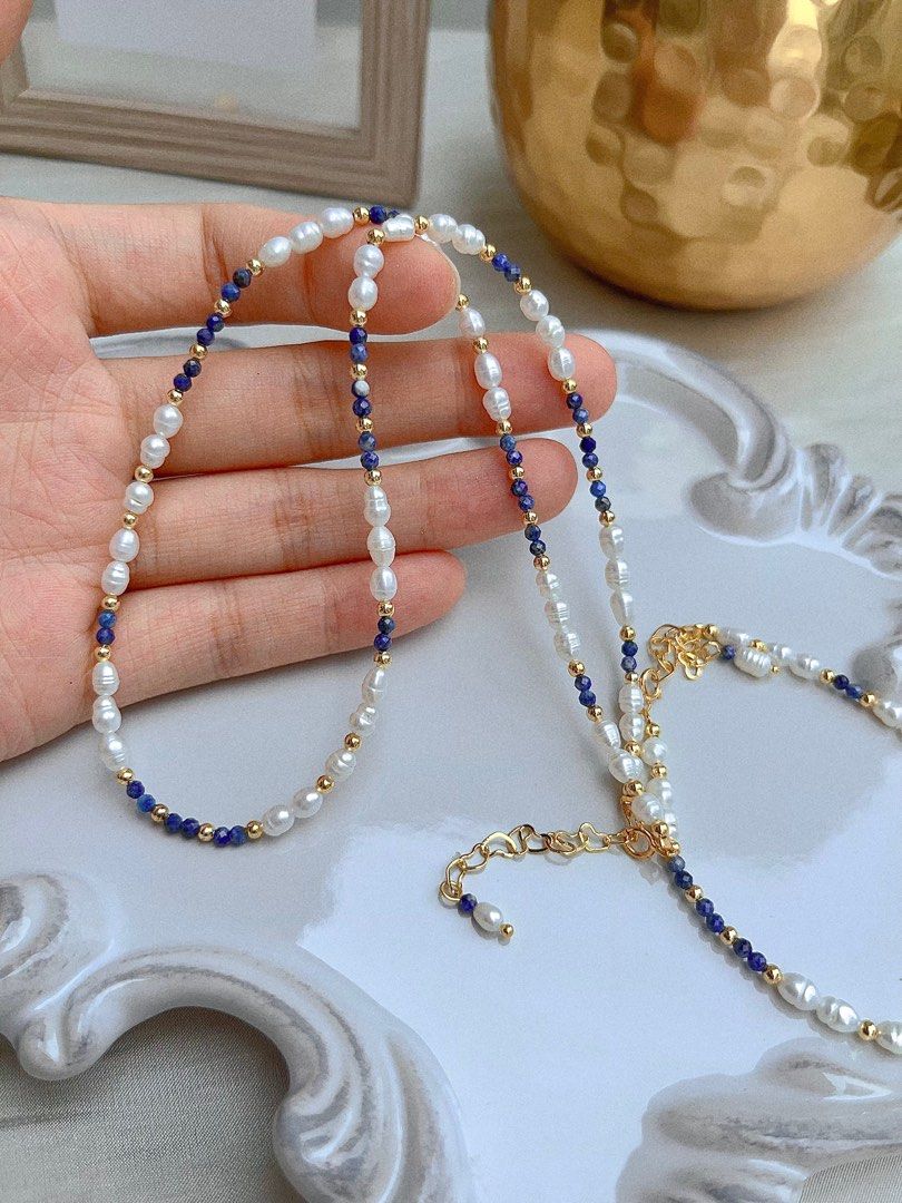 #PN671 Freshwater Pearl Necklace & Bracelet Set | Lapis Lazuli Baby Faceted Beads| Baby Burger Shaped Baroque | Elegant