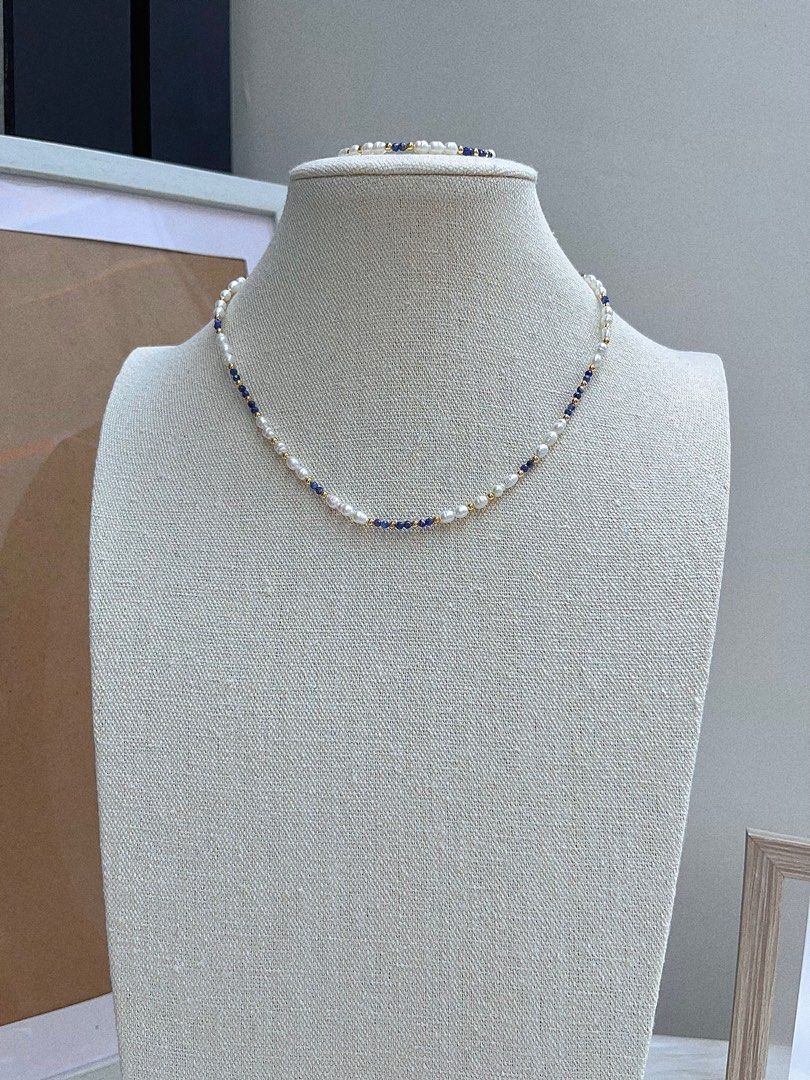 #PN671 Freshwater Pearl Necklace & Bracelet Set | Lapis Lazuli Baby Faceted Beads| Baby Burger Shaped Baroque | Elegant