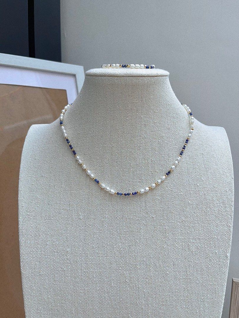 #PN671 Freshwater Pearl Necklace & Bracelet Set | Lapis Lazuli Baby Faceted Beads| Baby Burger Shaped Baroque | Elegant