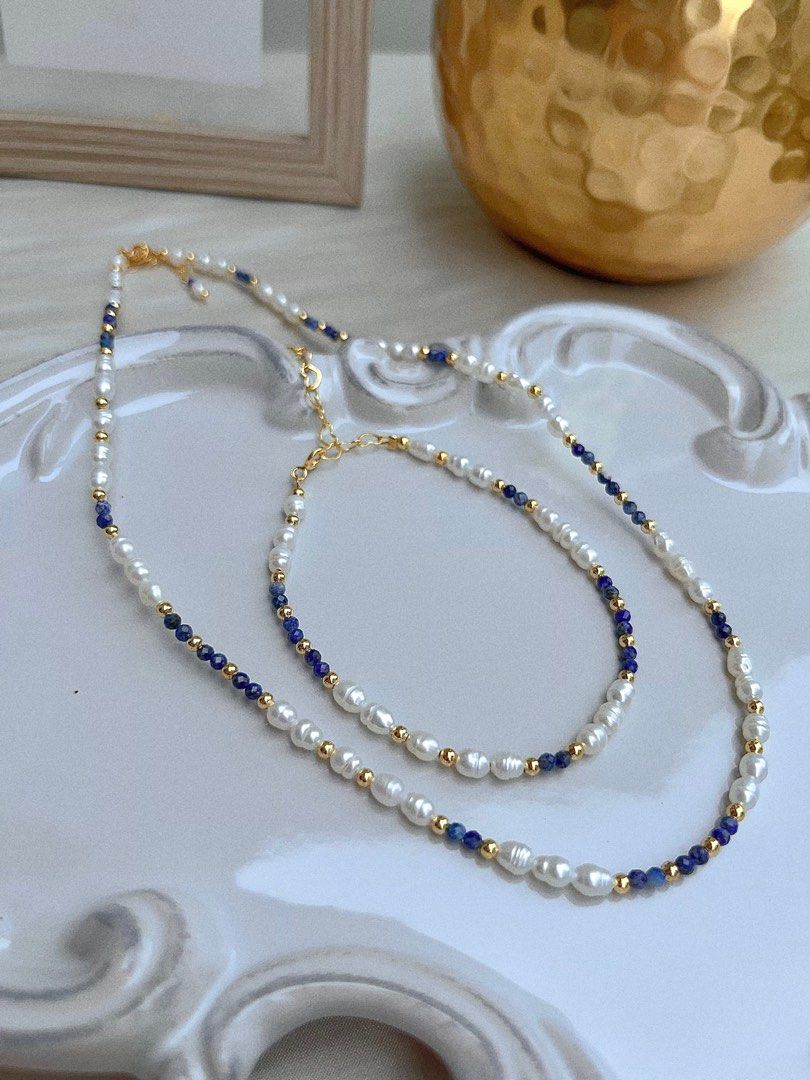 #PN671 Freshwater Pearl Necklace & Bracelet Set | Lapis Lazuli Baby Faceted Beads| Baby Burger Shaped Baroque | Elegant