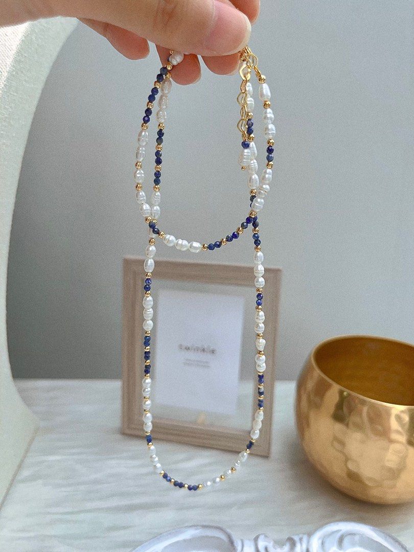 #PN671 Freshwater Pearl Necklace & Bracelet Set | Lapis Lazuli Baby Faceted Beads| Baby Burger Shaped Baroque | Elegant