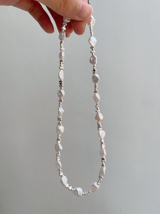 #PN674 Freshwater Pearl Necklace & Earrings Set| 碎银子|Irregular Stone Pearl| Blue-silver Lustre| Rare| Delicacy