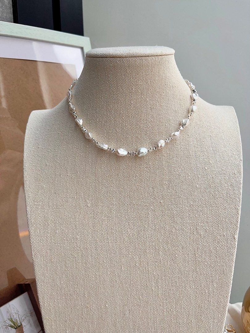 #PN674 Freshwater Pearl Necklace & Earrings Set| 碎银子|Irregular Stone Pearl| Blue-silver Lustre| Rare| Delicacy
