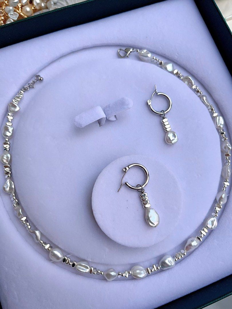 #PN674 Freshwater Pearl Necklace & Earrings Set| 碎银子|Irregular Stone Pearl| Blue-silver Lustre| Rare| Delicacy