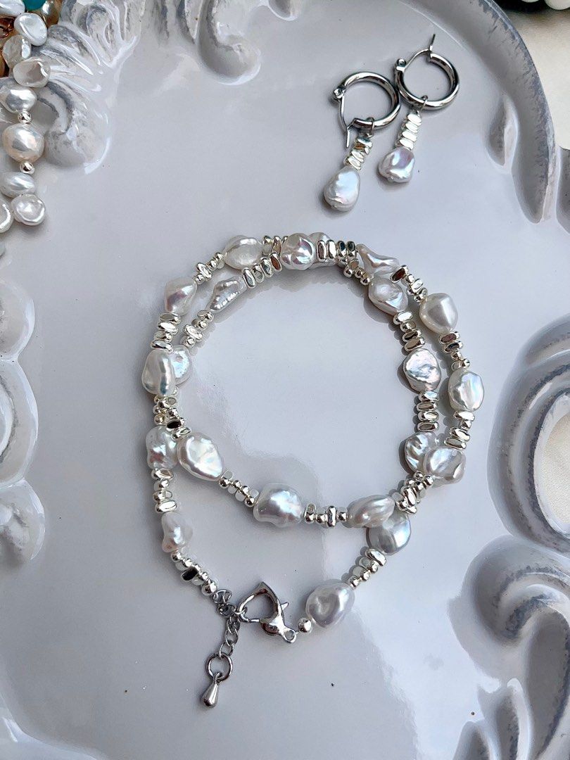 #PN674 Freshwater Pearl Necklace & Earrings Set| 碎银子|Irregular Stone Pearl| Blue-silver Lustre| Rare| Delicacy