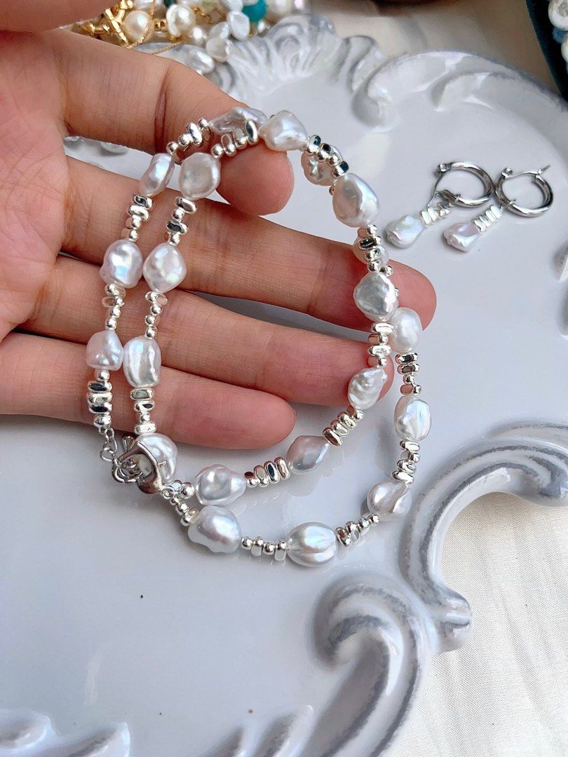 #PN674 Freshwater Pearl Necklace & Earrings Set| 碎银子|Irregular Stone Pearl| Blue-silver Lustre| Rare| Delicacy