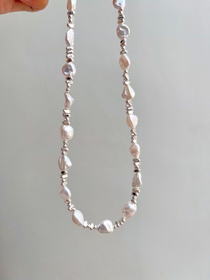 #PN674 Freshwater Pearl Necklace & Earrings Set| 碎银子|Irregular Stone Pearl| Blue-silver Lustre| Rare| Delicacy