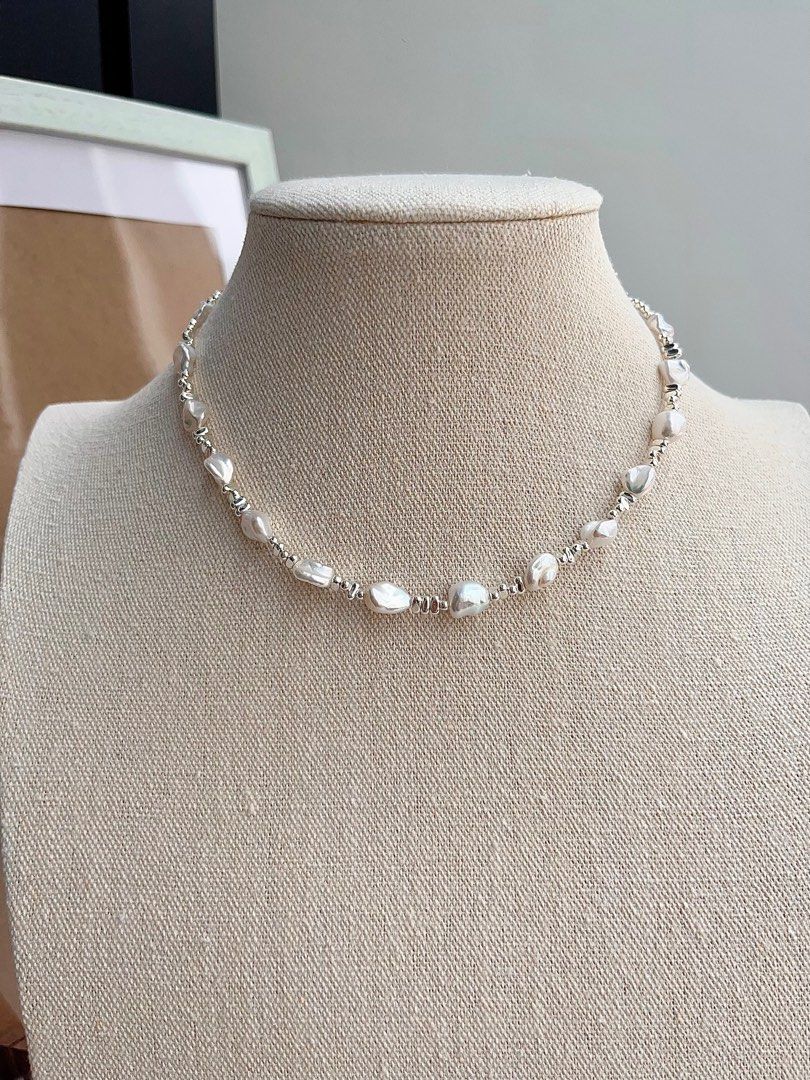 #PN674 Freshwater Pearl Necklace & Earrings Set| 碎银子|Irregular Stone Pearl| Blue-silver Lustre| Rare| Delicacy