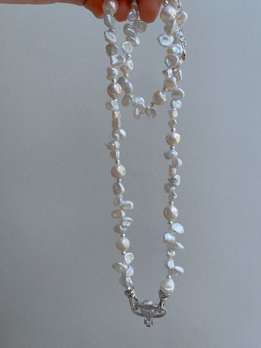 #PN675 Freshwater Pearl Necklace & Bracelet Set| Silver Stone Pearl| Candy-paper Lustre Wrinkled Baroque Pearl| 糖纸光皱巴|Lustrous| Rare