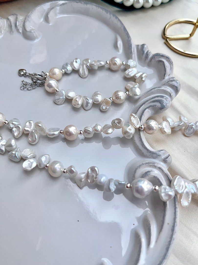 #PN675 Freshwater Pearl Necklace & Bracelet Set| Silver Stone Pearl| Candy-paper Lustre Wrinkled Baroque Pearl| 糖纸光皱巴|Lustrous| Rare