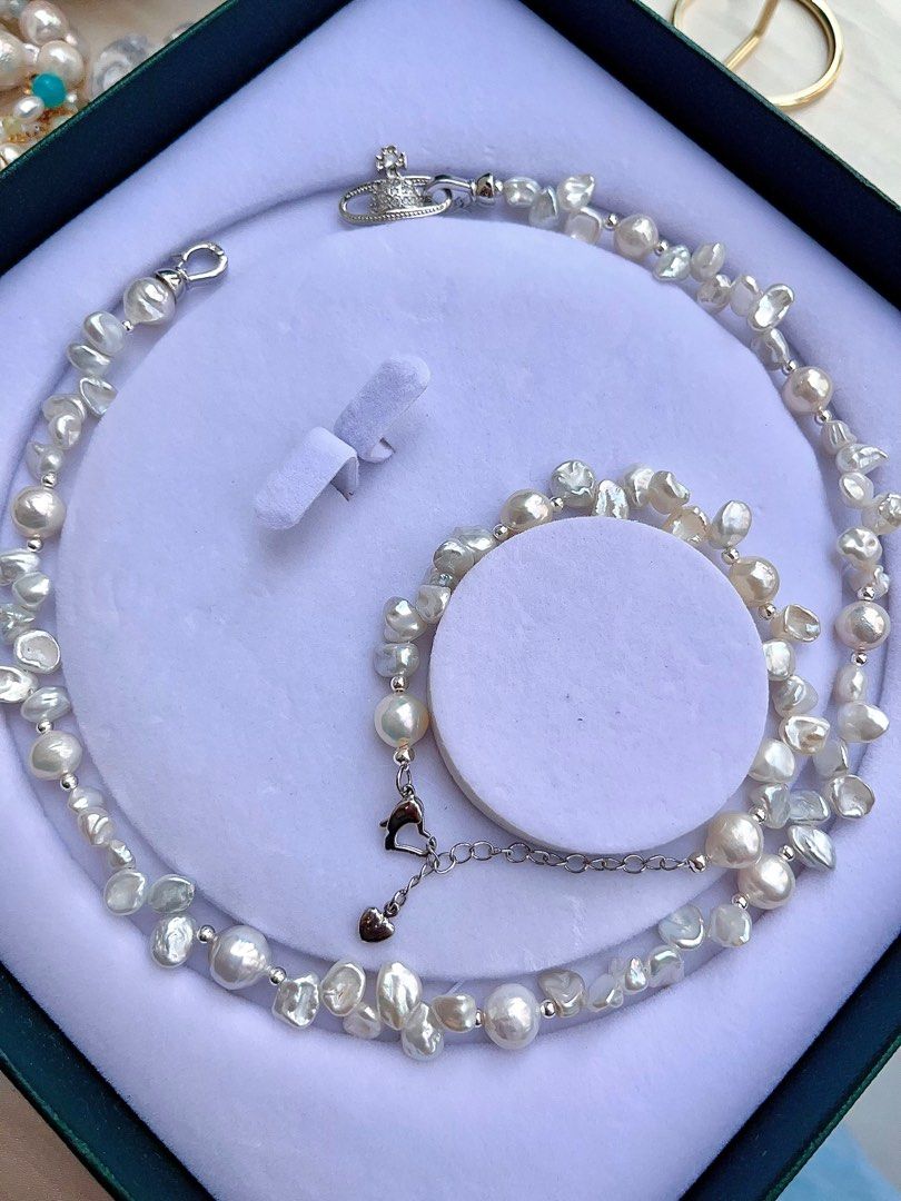 #PN675 Freshwater Pearl Necklace & Bracelet Set| Silver Stone Pearl| Candy-paper Lustre Wrinkled Baroque Pearl| 糖纸光皱巴|Lustrous| Rare
