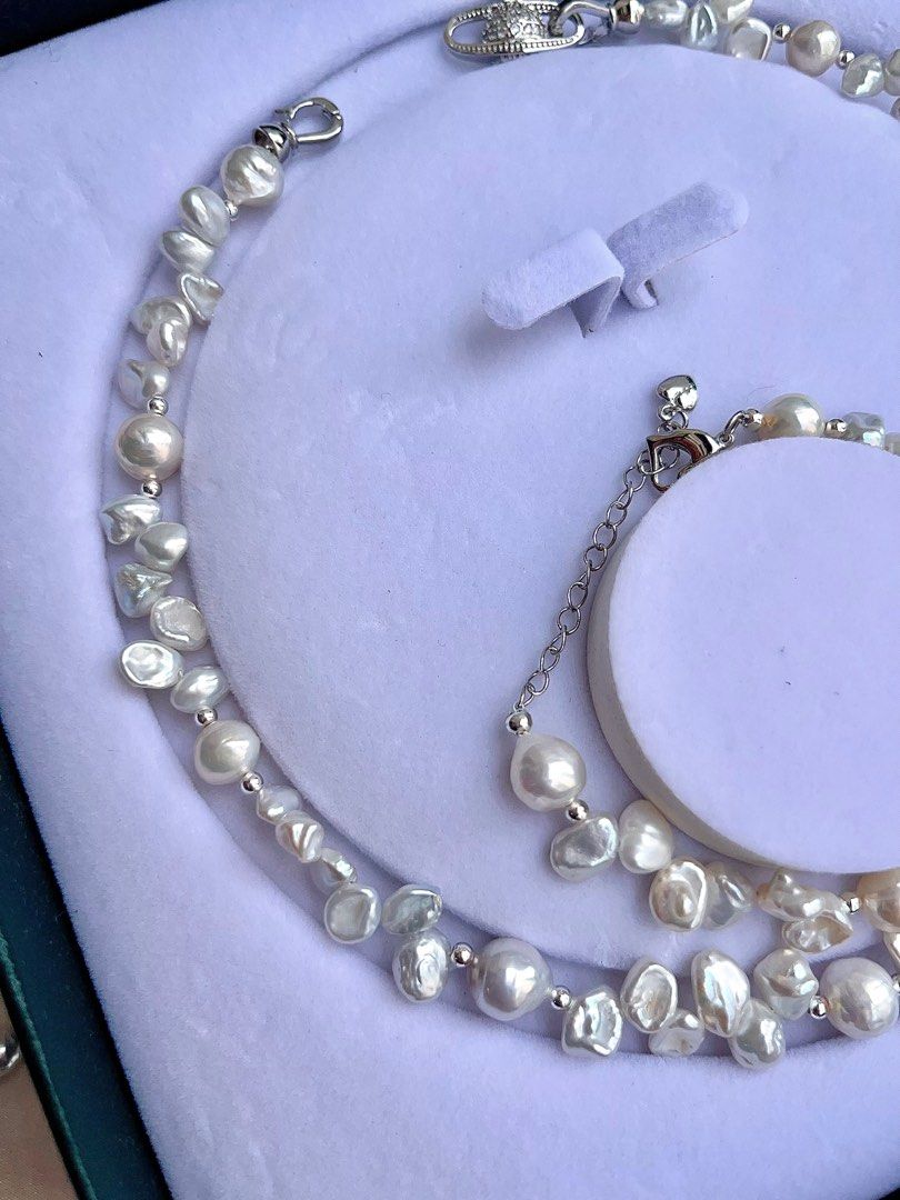 #PN675 Freshwater Pearl Necklace & Bracelet Set| Silver Stone Pearl| Candy-paper Lustre Wrinkled Baroque Pearl| 糖纸光皱巴|Lustrous| Rare