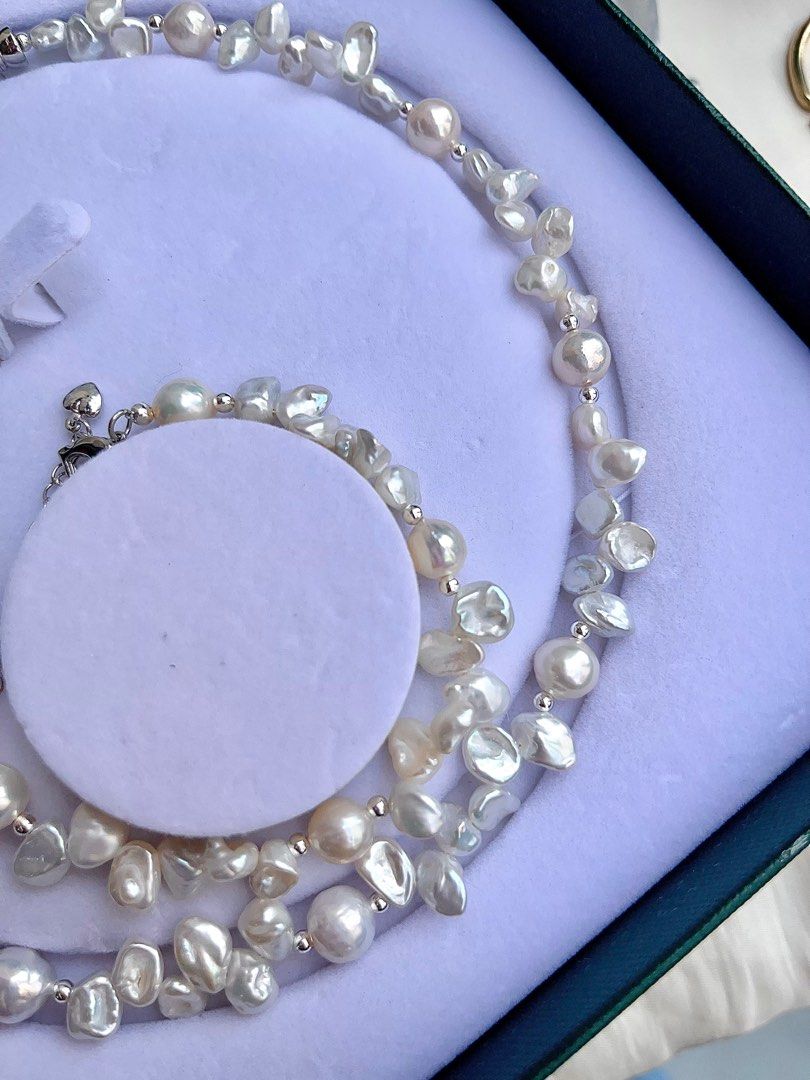 #PN675 Freshwater Pearl Necklace & Bracelet Set| Silver Stone Pearl| Candy-paper Lustre Wrinkled Baroque Pearl| 糖纸光皱巴|Lustrous| Rare