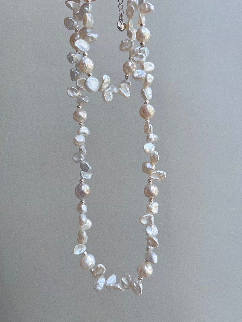 #PN675 Freshwater Pearl Necklace & Bracelet Set| Silver Stone Pearl| Candy-paper Lustre Wrinkled Baroque Pearl| 糖纸光皱巴|Lustrous| Rare