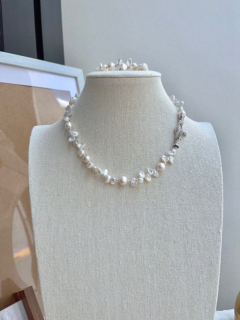 #PN675 Freshwater Pearl Necklace & Bracelet Set| Silver Stone Pearl| Candy-paper Lustre Wrinkled Baroque Pearl| 糖纸光皱巴|Lustrous| Rare