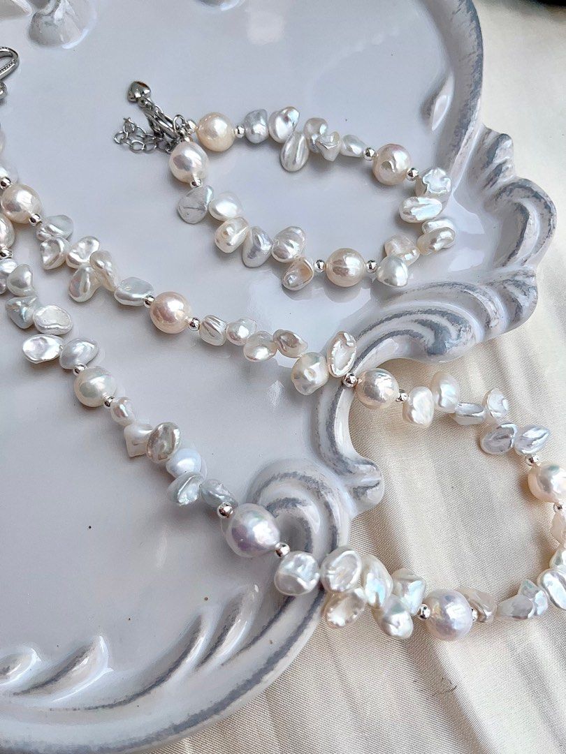 #PN675 Freshwater Pearl Necklace & Bracelet Set| Silver Stone Pearl| Candy-paper Lustre Wrinkled Baroque Pearl| 糖纸光皱巴|Lustrous| Rare