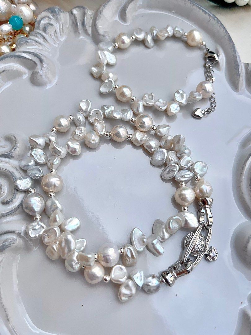 #PN675 Freshwater Pearl Necklace & Bracelet Set| Silver Stone Pearl| Candy-paper Lustre Wrinkled Baroque Pearl| 糖纸光皱巴|Lustrous| Rare