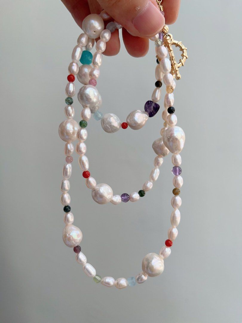 #PN676 Freshwater Pearl Necklace & Bracelet Set| Natural Stones| Big Baroque Pearl|Natural Flaws| Lustrous |Green Mica | Amethyst | Tourmaline | Aquamarine |Connectable