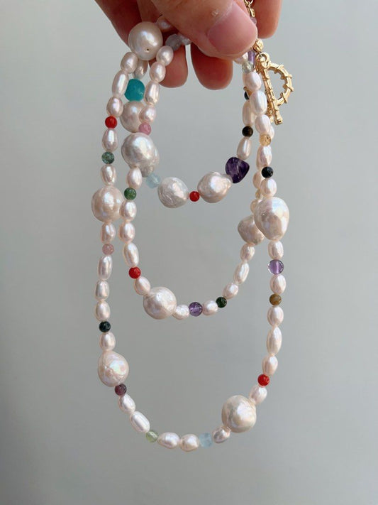 #PN676 Freshwater Pearl Necklace & Bracelet Set| Natural Stones| Big Baroque Pearl|Natural Flaws| Lustrous |Green Mica | Amethyst | Tourmaline | Aquamarine |Connectable