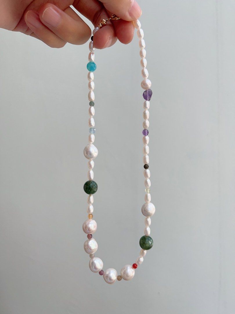 #PN676 Freshwater Pearl Necklace & Bracelet Set| Natural Stones| Big Baroque Pearl|Natural Flaws| Lustrous |Green Mica | Amethyst | Tourmaline | Aquamarine |Connectable