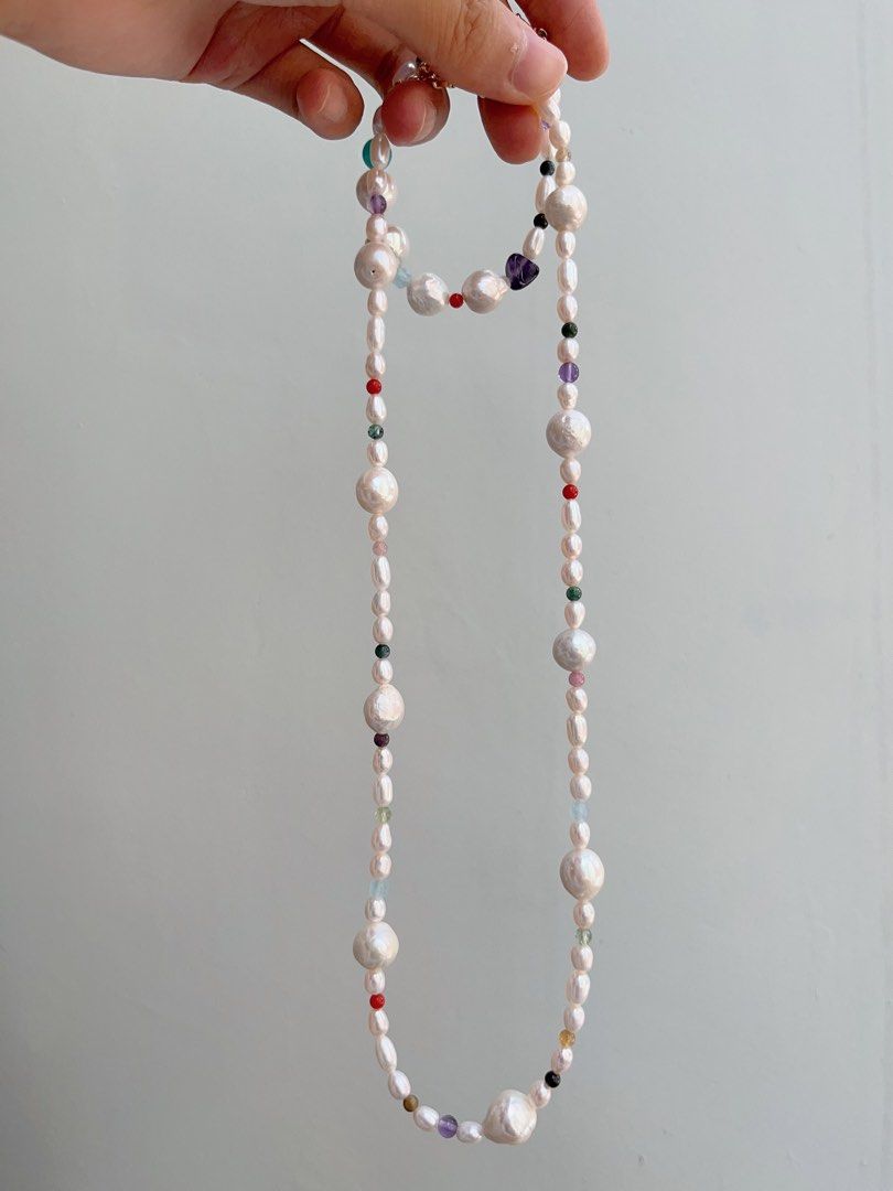 #PN676 Freshwater Pearl Necklace & Bracelet Set| Natural Stones| Big Baroque Pearl|Natural Flaws| Lustrous |Green Mica | Amethyst | Tourmaline | Aquamarine |Connectable