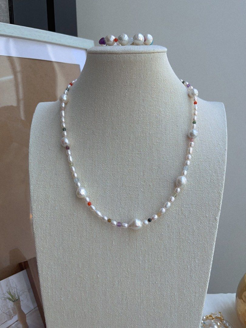 #PN676 Freshwater Pearl Necklace & Bracelet Set| Natural Stones| Big Baroque Pearl|Natural Flaws| Lustrous |Green Mica | Amethyst | Tourmaline | Aquamarine |Connectable