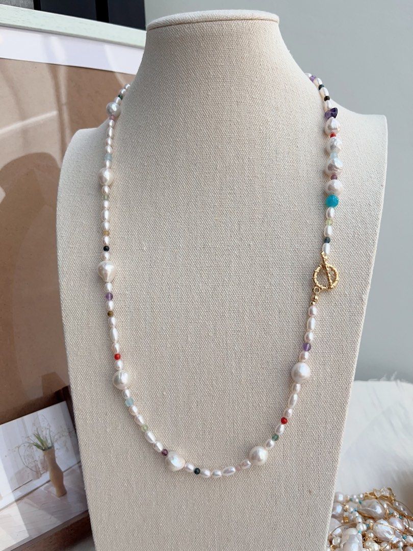 #PN676 Freshwater Pearl Necklace & Bracelet Set| Natural Stones| Big Baroque Pearl|Natural Flaws| Lustrous |Green Mica | Amethyst | Tourmaline | Aquamarine |Connectable