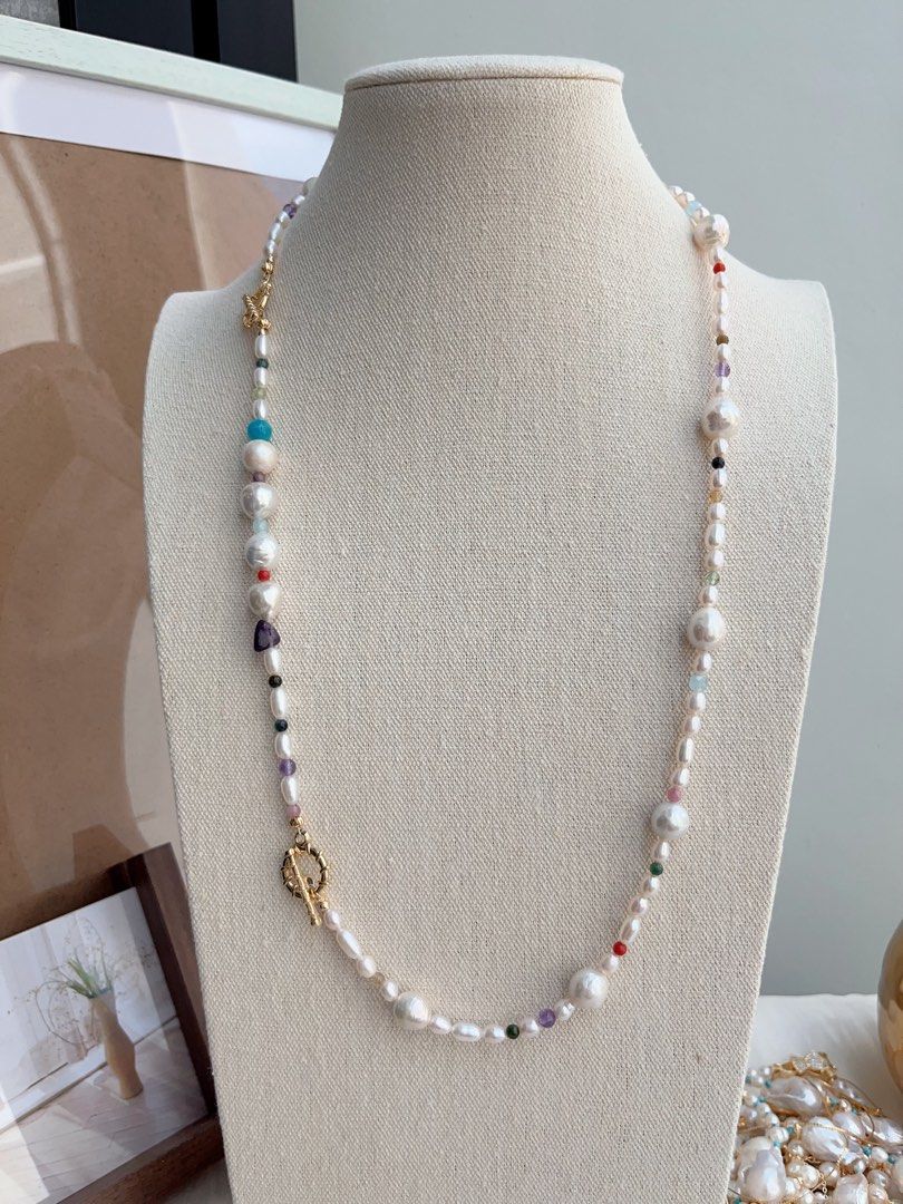 #PN676 Freshwater Pearl Necklace & Bracelet Set| Natural Stones| Big Baroque Pearl|Natural Flaws| Lustrous |Green Mica | Amethyst | Tourmaline | Aquamarine |Connectable