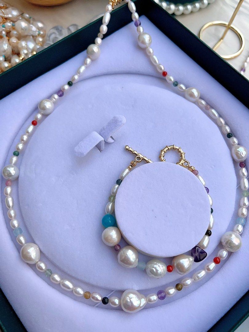 #PN676 Freshwater Pearl Necklace & Bracelet Set| Natural Stones| Big Baroque Pearl|Natural Flaws| Lustrous |Green Mica | Amethyst | Tourmaline | Aquamarine |Connectable