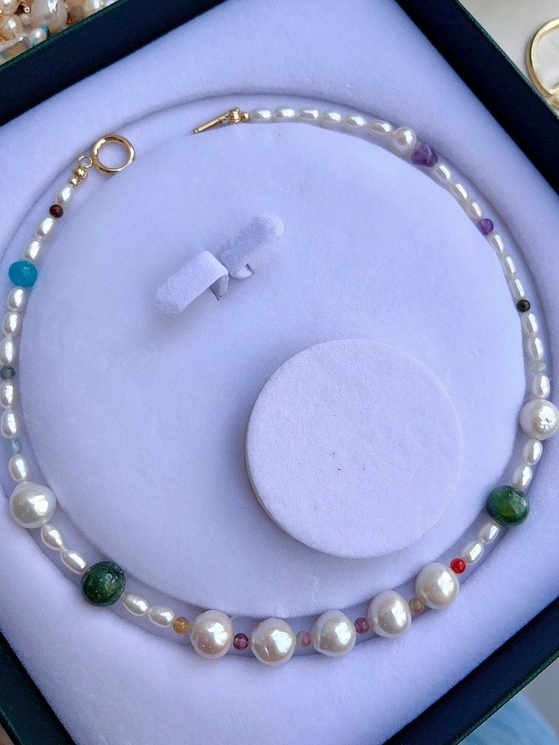 #PN676 Freshwater Pearl Necklace & Bracelet Set| Natural Stones| Big Baroque Pearl|Natural Flaws| Lustrous |Green Mica | Amethyst | Tourmaline | Aquamarine |Connectable