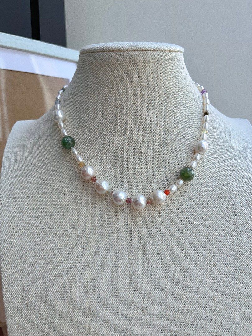 #PN676 Freshwater Pearl Necklace & Bracelet Set| Natural Stones| Big Baroque Pearl|Natural Flaws| Lustrous |Green Mica | Amethyst | Tourmaline | Aquamarine |Connectable