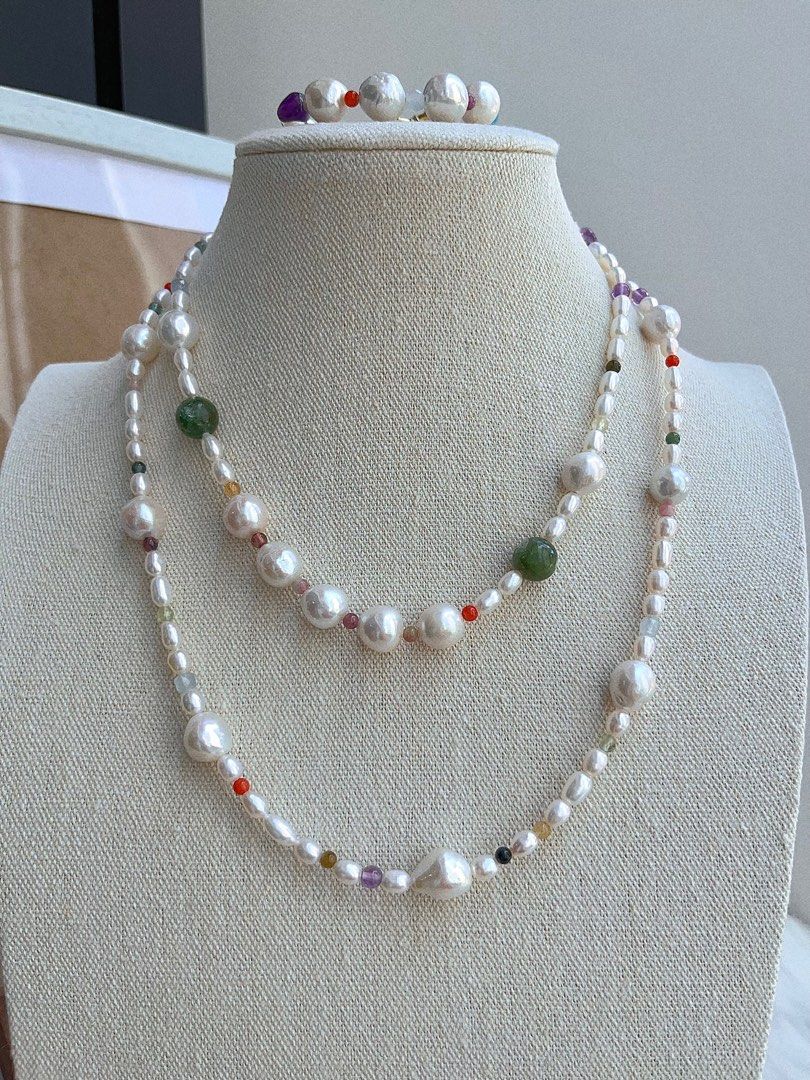 #PN676 Freshwater Pearl Necklace & Bracelet Set| Natural Stones| Big Baroque Pearl|Natural Flaws| Lustrous |Green Mica | Amethyst | Tourmaline | Aquamarine |Connectable