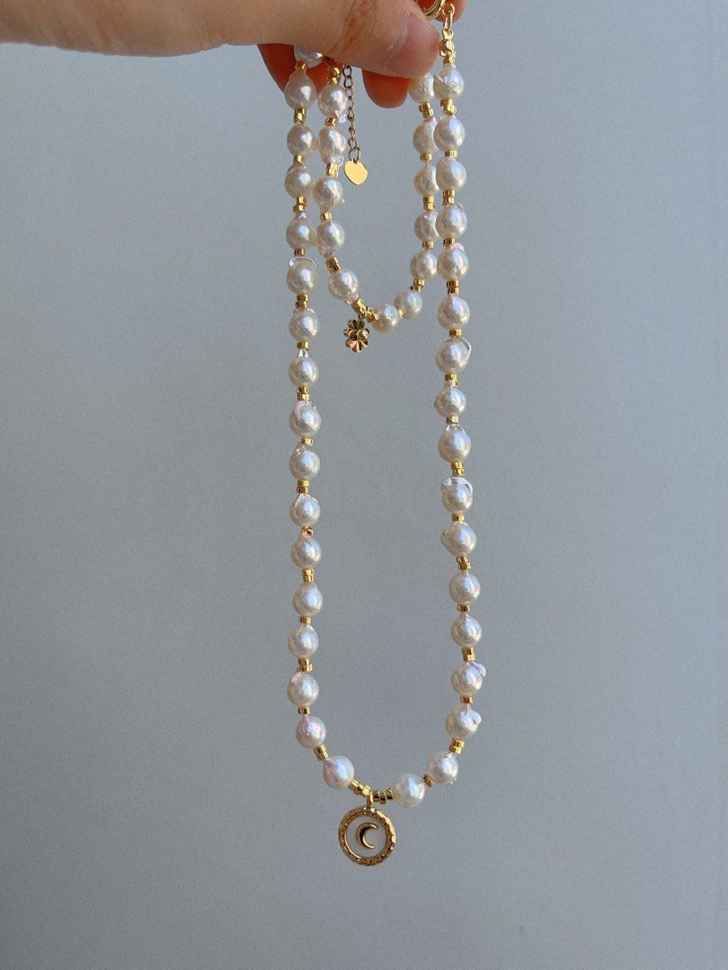 #PN679 Saltwater Pearl | Genuine Japan Akoya Pearl Necklace & Bracelet & Earrings Set| Light Gold & Pink Lustre| Rust-free Titanium Pendant | Heart Clasp | Irregular| “Kitten” Design Earrings