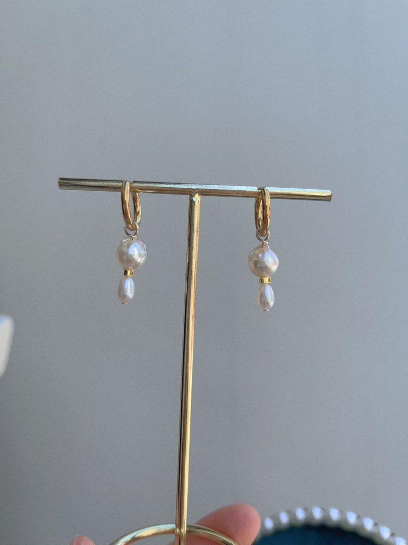 #PN679 Saltwater Pearl | Genuine Japan Akoya Pearl Necklace & Bracelet & Earrings Set| Light Gold & Pink Lustre| Rust-free Titanium Pendant | Heart Clasp | Irregular| “Kitten” Design Earrings