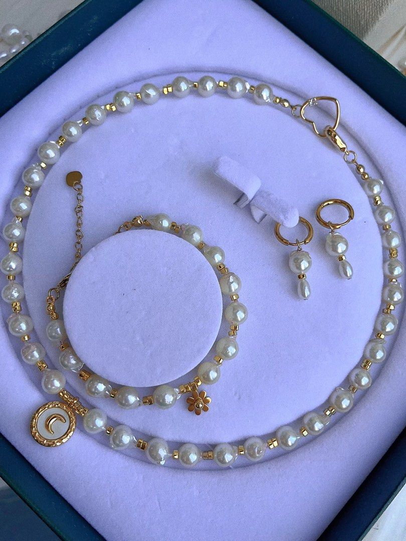#PN679 Saltwater Pearl | Genuine Japan Akoya Pearl Necklace & Bracelet & Earrings Set| Light Gold & Pink Lustre| Rust-free Titanium Pendant | Heart Clasp | Irregular| “Kitten” Design Earrings