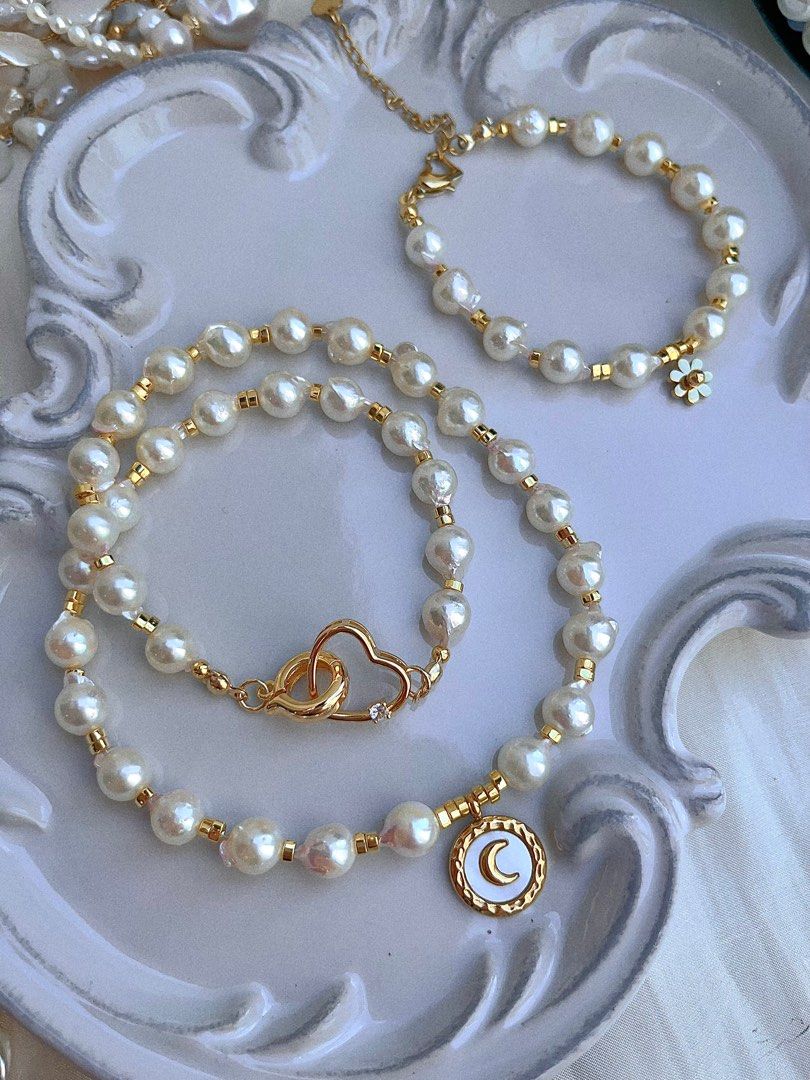 #PN679 Saltwater Pearl | Genuine Japan Akoya Pearl Necklace & Bracelet & Earrings Set| Light Gold & Pink Lustre| Rust-free Titanium Pendant | Heart Clasp | Irregular| “Kitten” Design Earrings