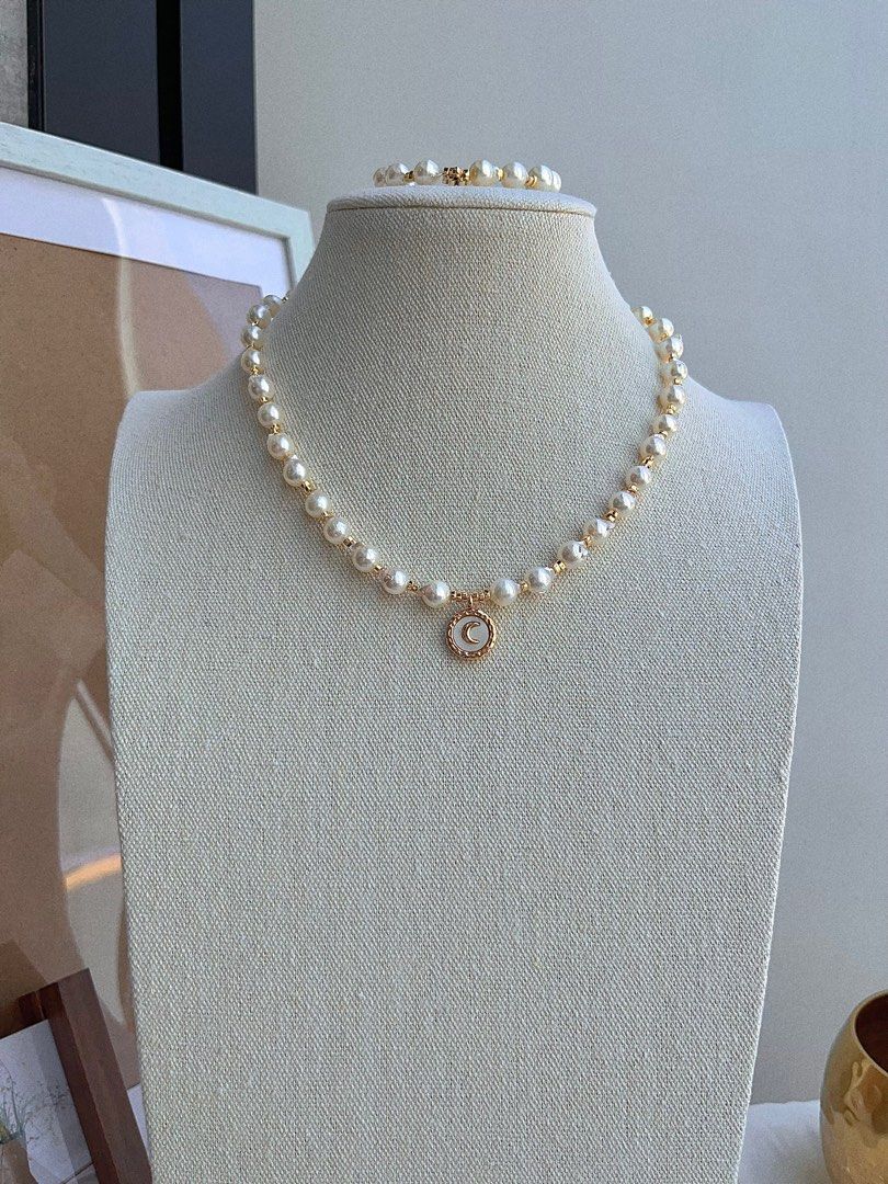 #PN679 Saltwater Pearl | Genuine Japan Akoya Pearl Necklace & Bracelet & Earrings Set| Light Gold & Pink Lustre| Rust-free Titanium Pendant | Heart Clasp | Irregular| “Kitten” Design Earrings