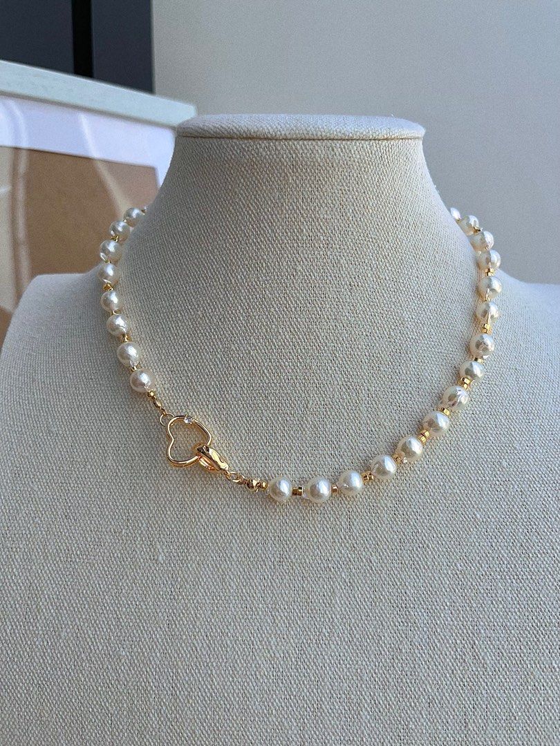 #PN679 Saltwater Pearl | Genuine Japan Akoya Pearl Necklace & Bracelet & Earrings Set| Light Gold & Pink Lustre| Rust-free Titanium Pendant | Heart Clasp | Irregular| “Kitten” Design Earrings