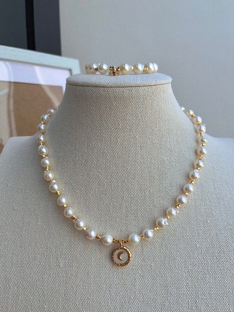 #PN679 Saltwater Pearl | Genuine Japan Akoya Pearl Necklace & Bracelet & Earrings Set| Light Gold & Pink Lustre| Rust-free Titanium Pendant | Heart Clasp | Irregular| “Kitten” Design Earrings