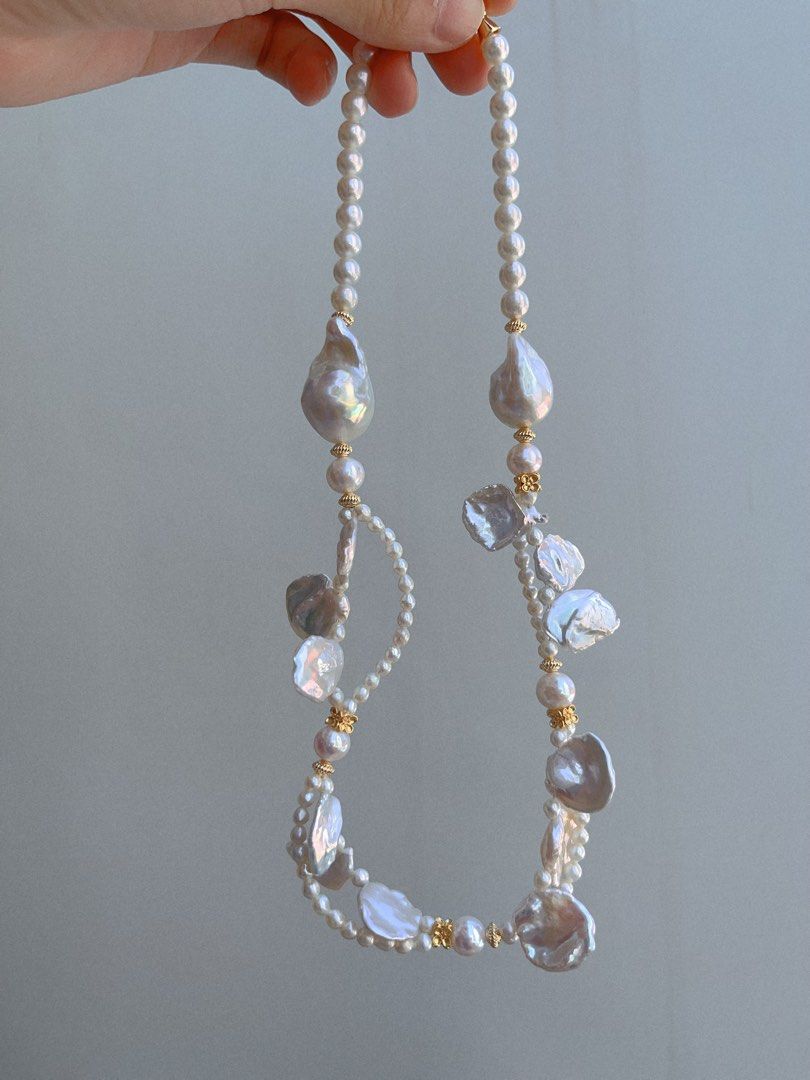 #PN680 Freshwater Pearl Necklace | Flower Garden | Top-lustre Big Petal Pearl| Baby Pearl| Two-layer| Big Fishtail Baroque | Bow Tie Clasp| Original Design